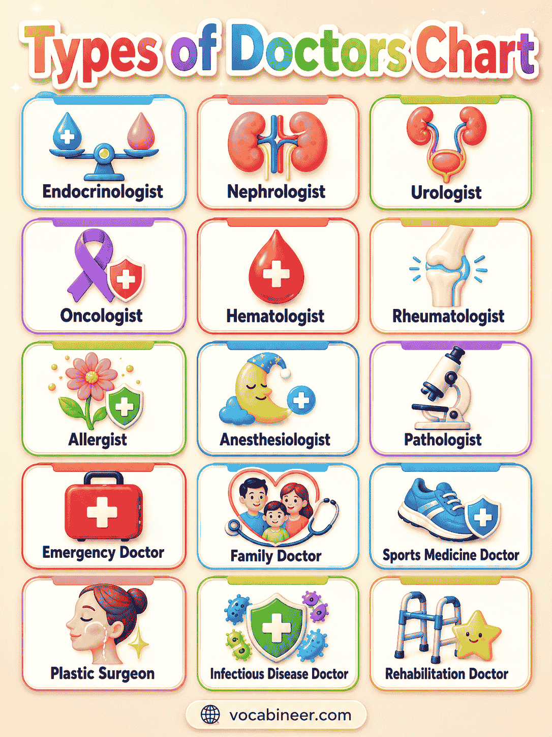 A visual chart showing different types of doctors and their meanings in English for students, patients, and English learners.