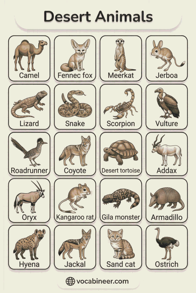 List of desert animals names in English with labeled pictures in a habitat vocabulary chart