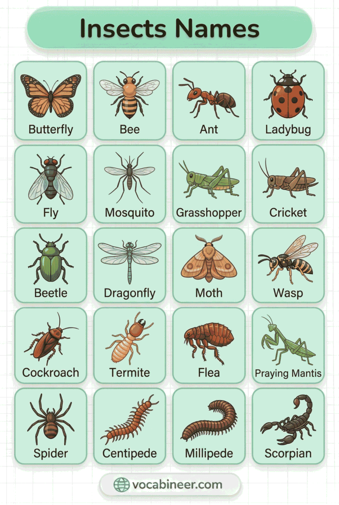 Insects names in English with labeled pictures for ESL learners