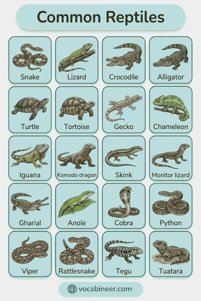 List of reptiles in English with labeled pictures showing common reptile names for ESL learners