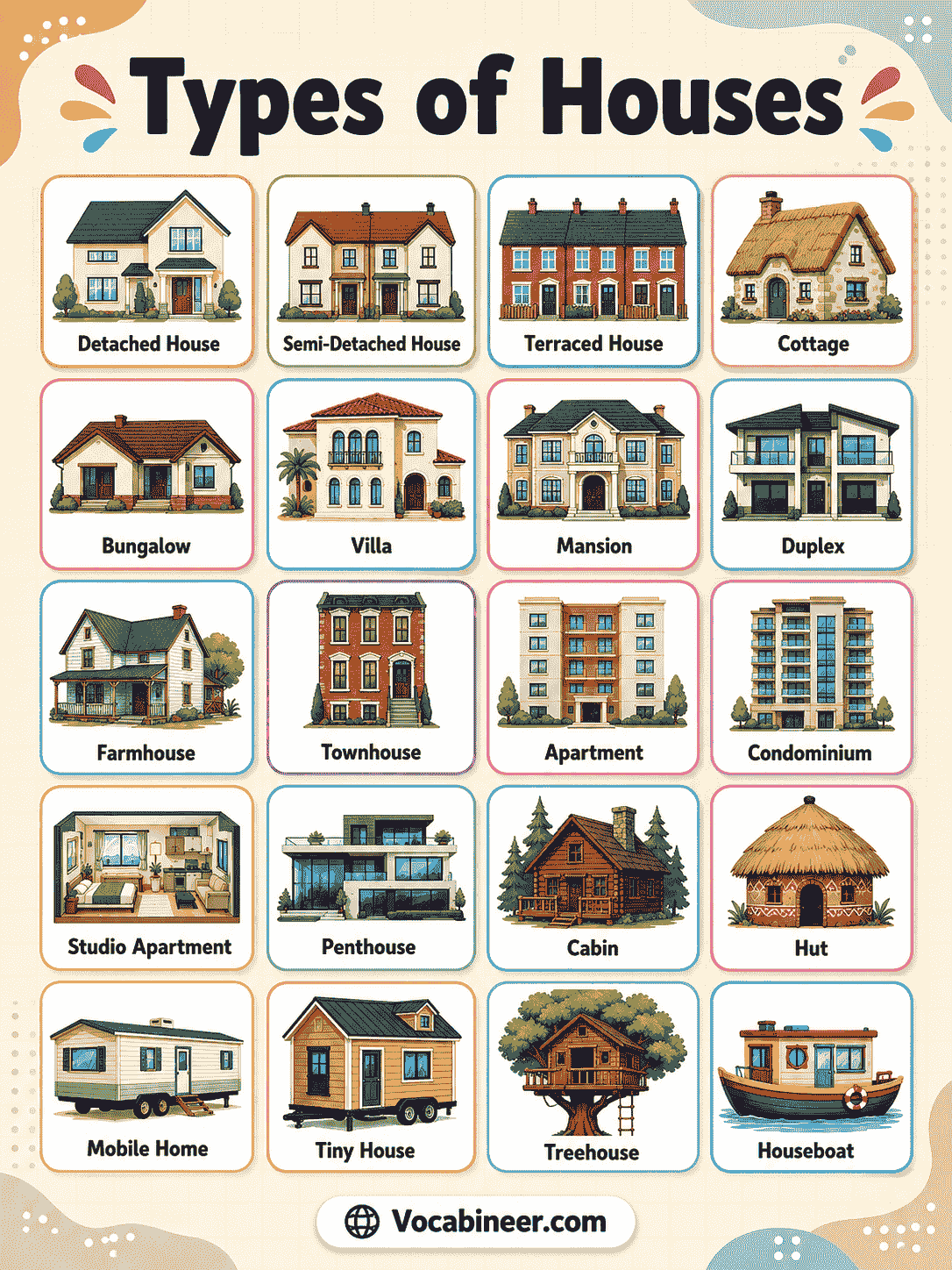 A house style guide showing modern house, contemporary house, traditional house, colonial house, Victorian house, Craftsman house, Tudor house, Mediterranean house, Cape Cod house, and modern farmhouse.