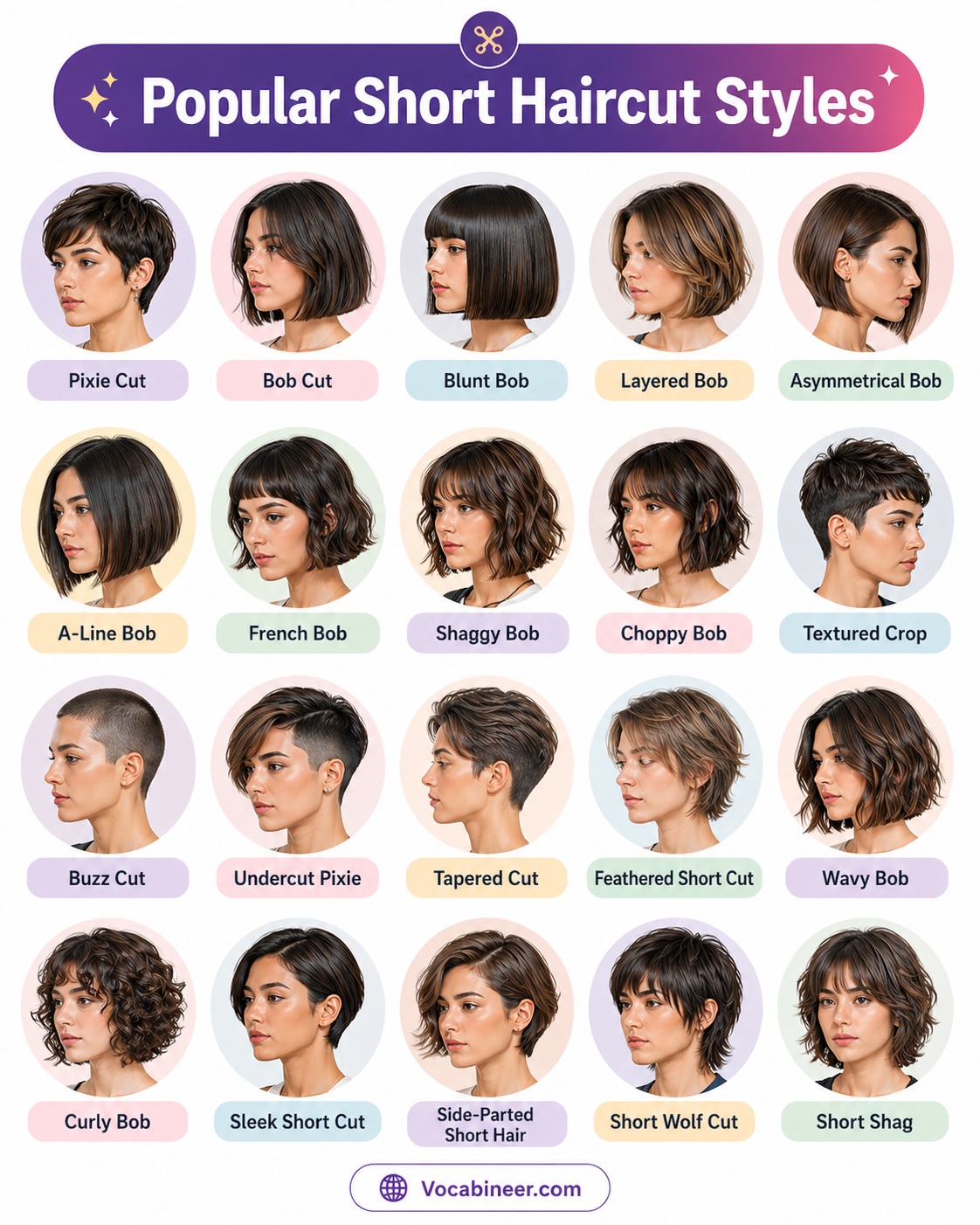Popular short haircut names with pictures, including pixie cut, short bob, French bob, micro bob, textured crop, short shag, bixie cut, and glass bob.