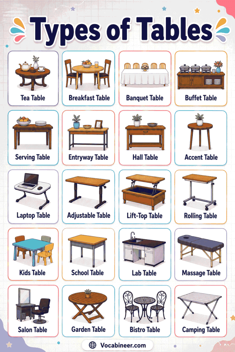 Different Types of Tables with Names and Pictures
