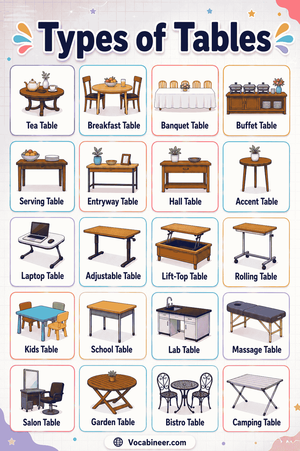 A visual table chart showing home tables, work tables, outdoor tables, restaurant tables, space-saving tables, and shape-based tables with names and picture examples.