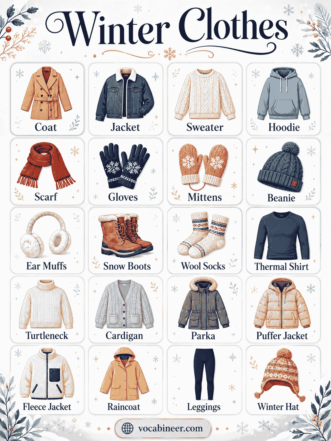 A visual winter clothing chart showing types of winter clothes in English, including sweater, jacket, coat, hoodie, scarf, gloves, beanie, boots, and thermal wear.