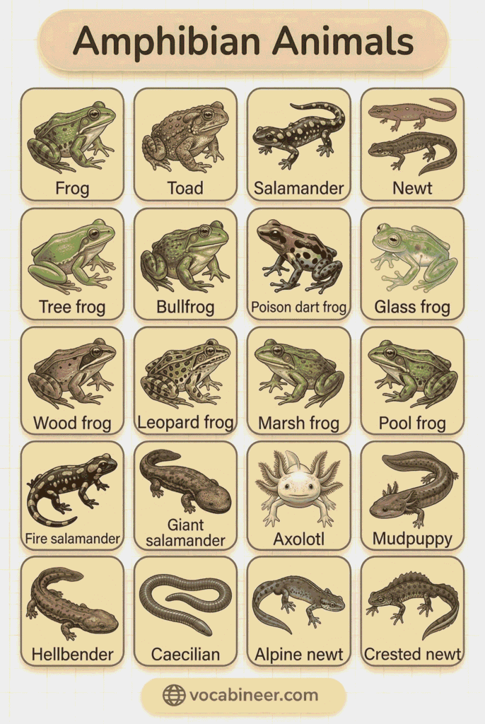 Amphibian animals names in English with labeled pictures for ESL learners
