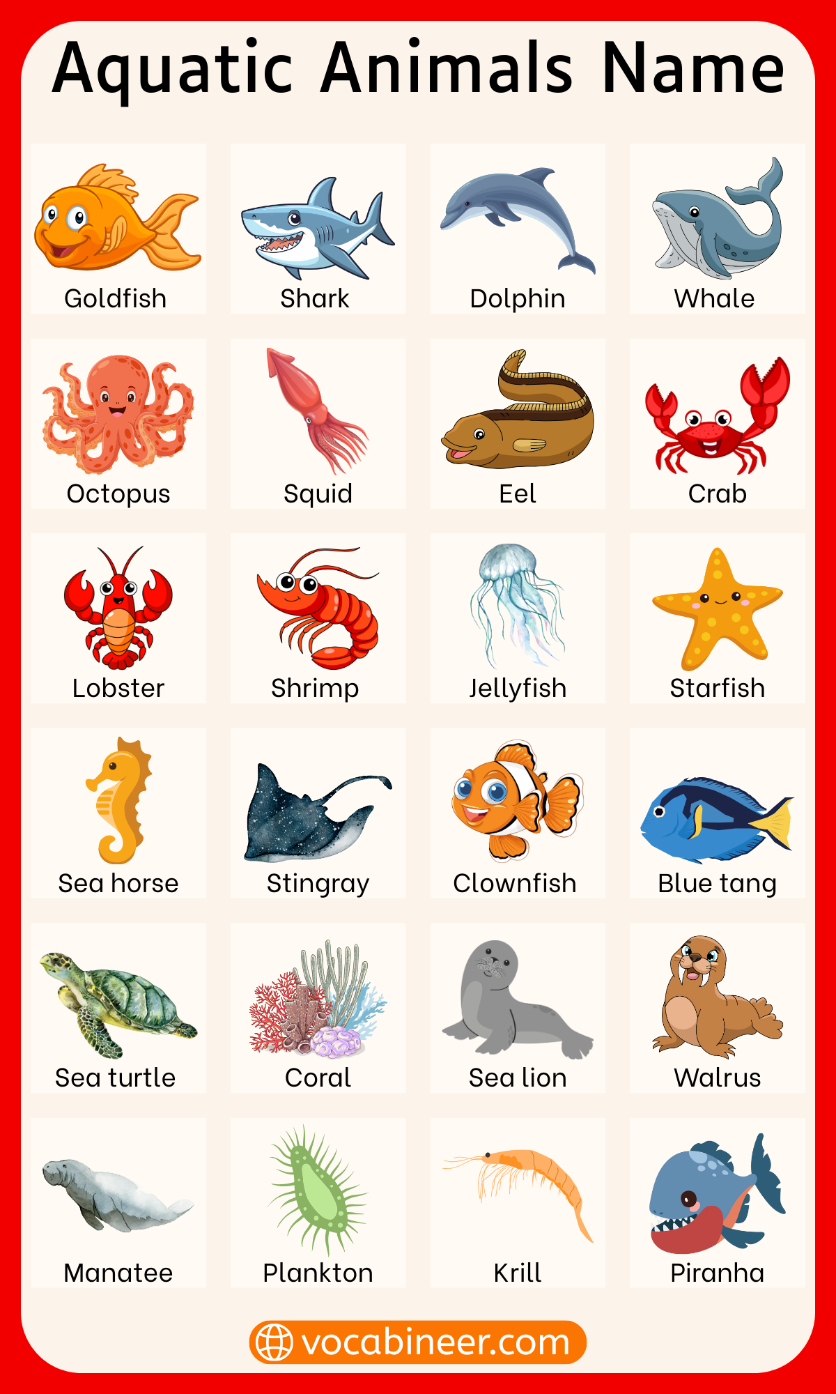 List of Aquatic Animals Name with Pictures for Learning