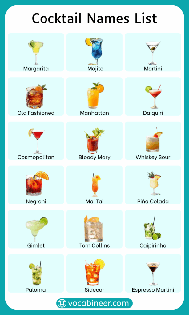 Cocktails and Drink Names List with Pictures