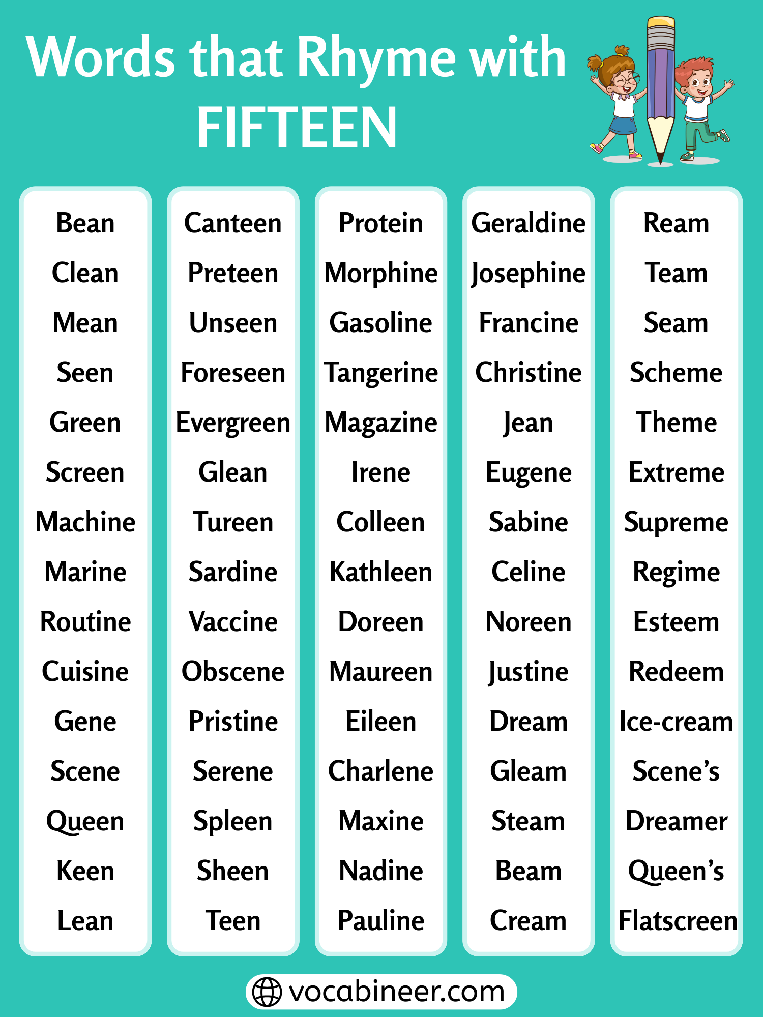 Words That Rhyme with Fifteen: Comprehensive ESL Words List