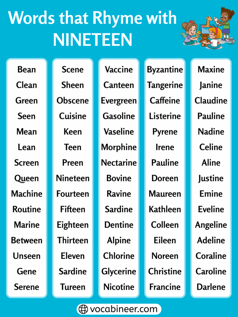 550 Extensive Rhyming Words for Nineteen - Full Rhyming List