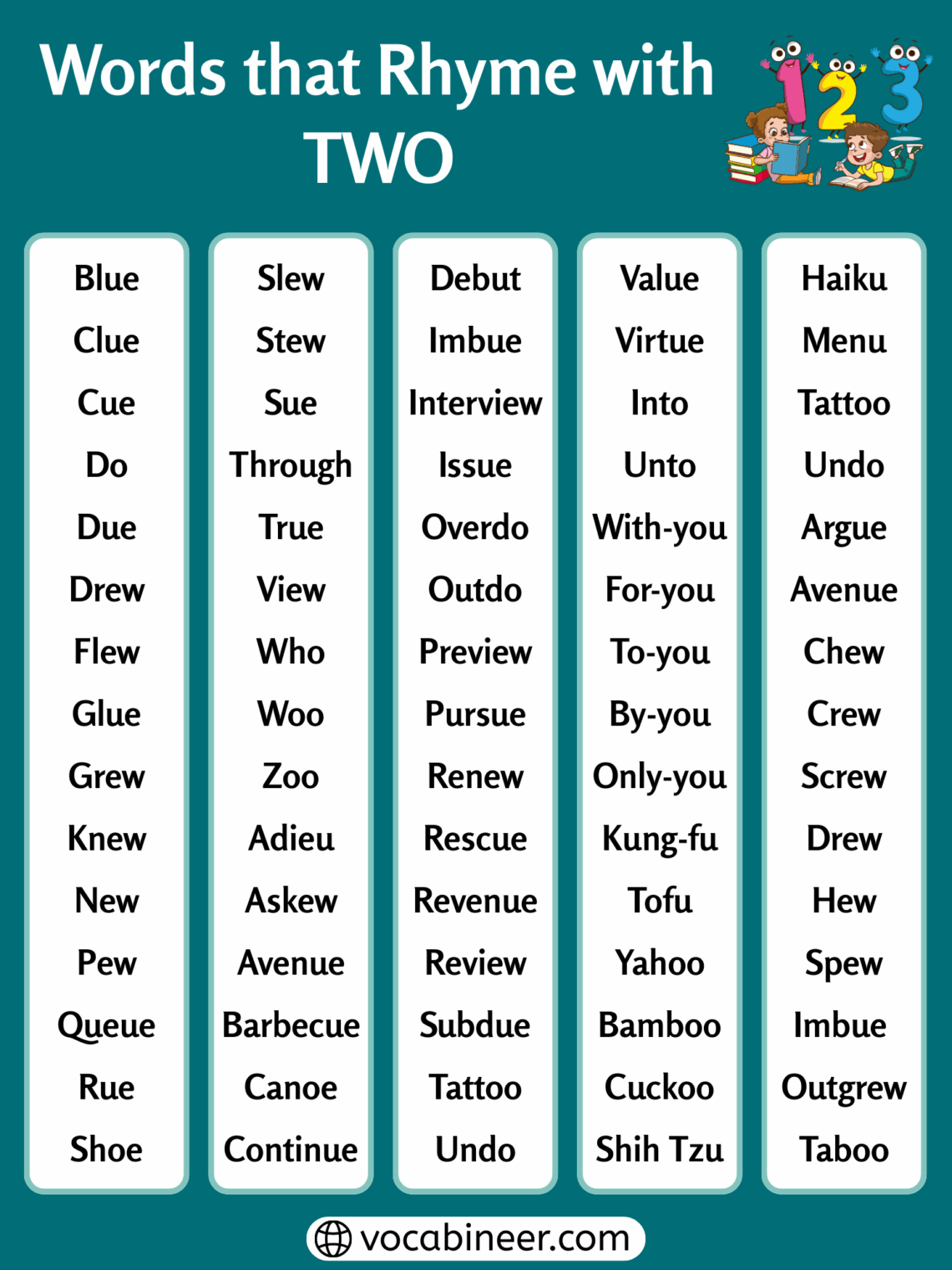 Rhyming Words with Two - 120+ Complete Words List