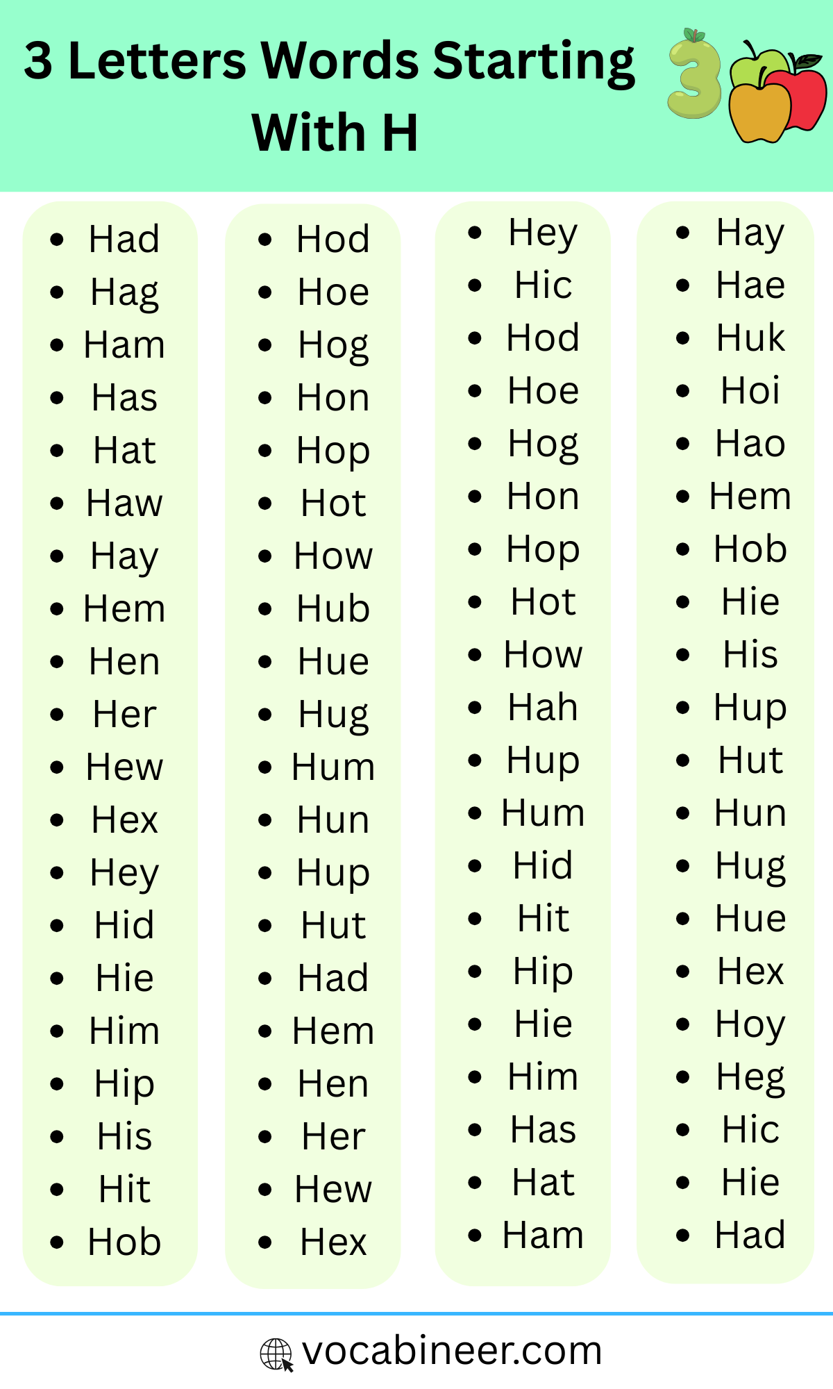 3 Letter Words That Begin with H | 230+ Words List in English