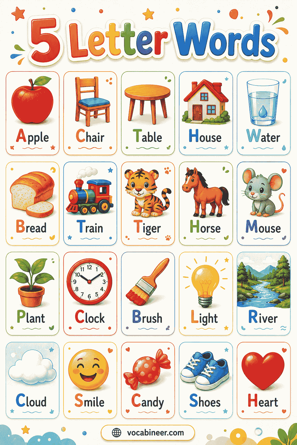 Useful 5 letter words for word games and vocabulary learning.