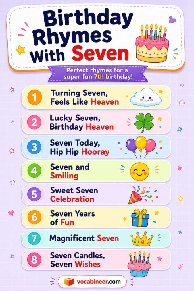 Birthday verse card with the rhyme "You're turning seven, a little slice of heaven" and supporting birthday rhymes Lucky Seven, Cake at Seven, and Friends at Seven