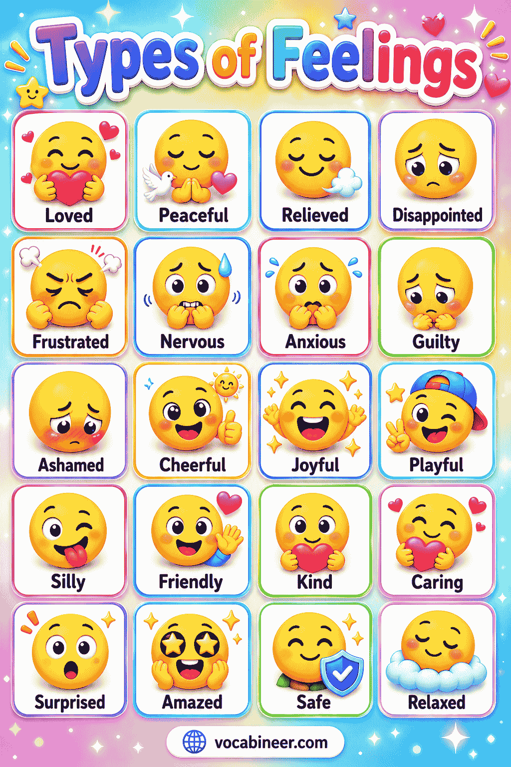 Common feelings and emotions in English with picture examples, including happiness, sadness, anger, fear, surprise, disgust, excitement, and calmness.