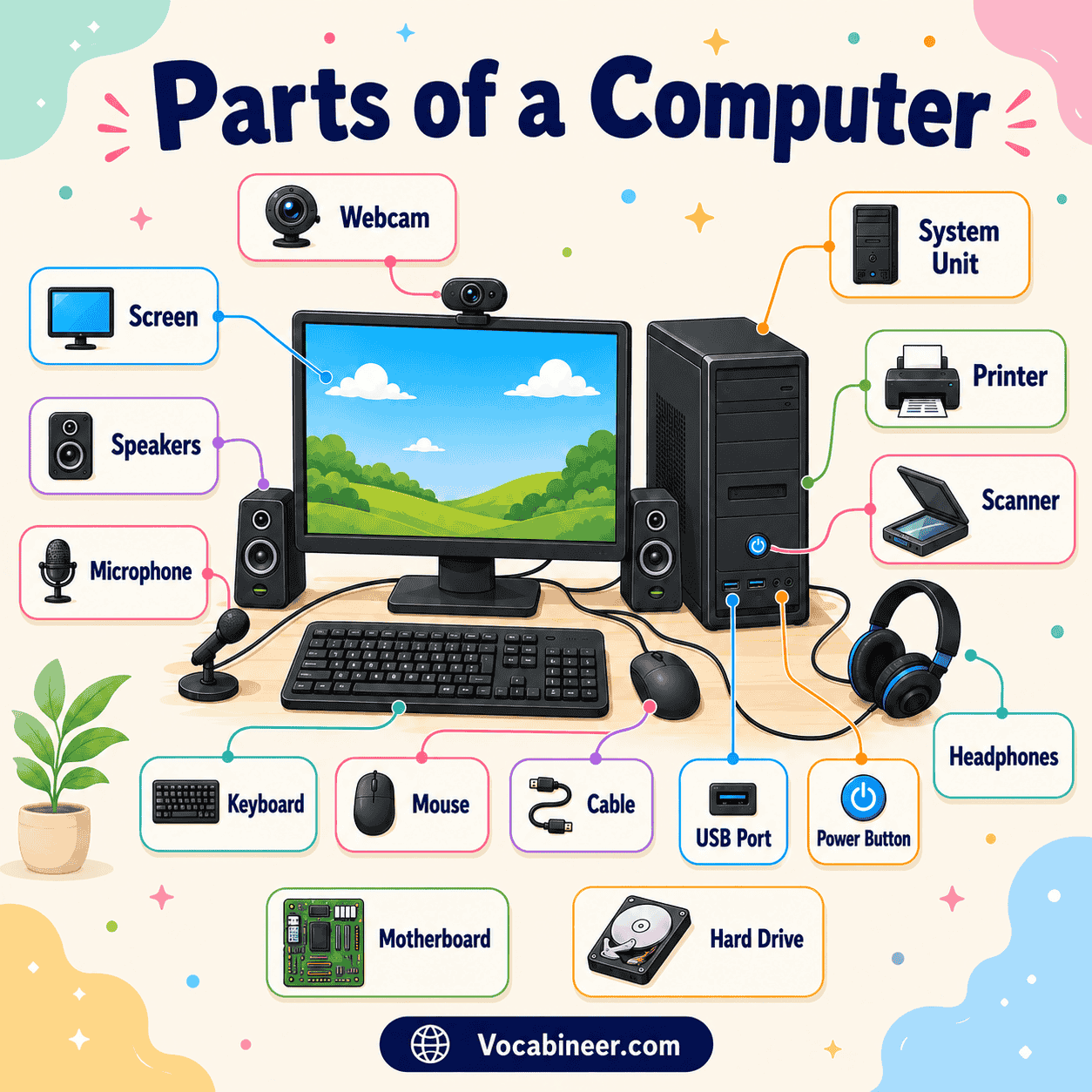 Computer part names for kids with pictures, including monitor, keyboard, mouse, CPU, printer, speakers, webcam, and headphones.