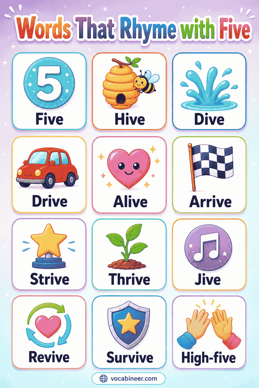 Easy Words that Rhyme with Five for Kids with Pictures