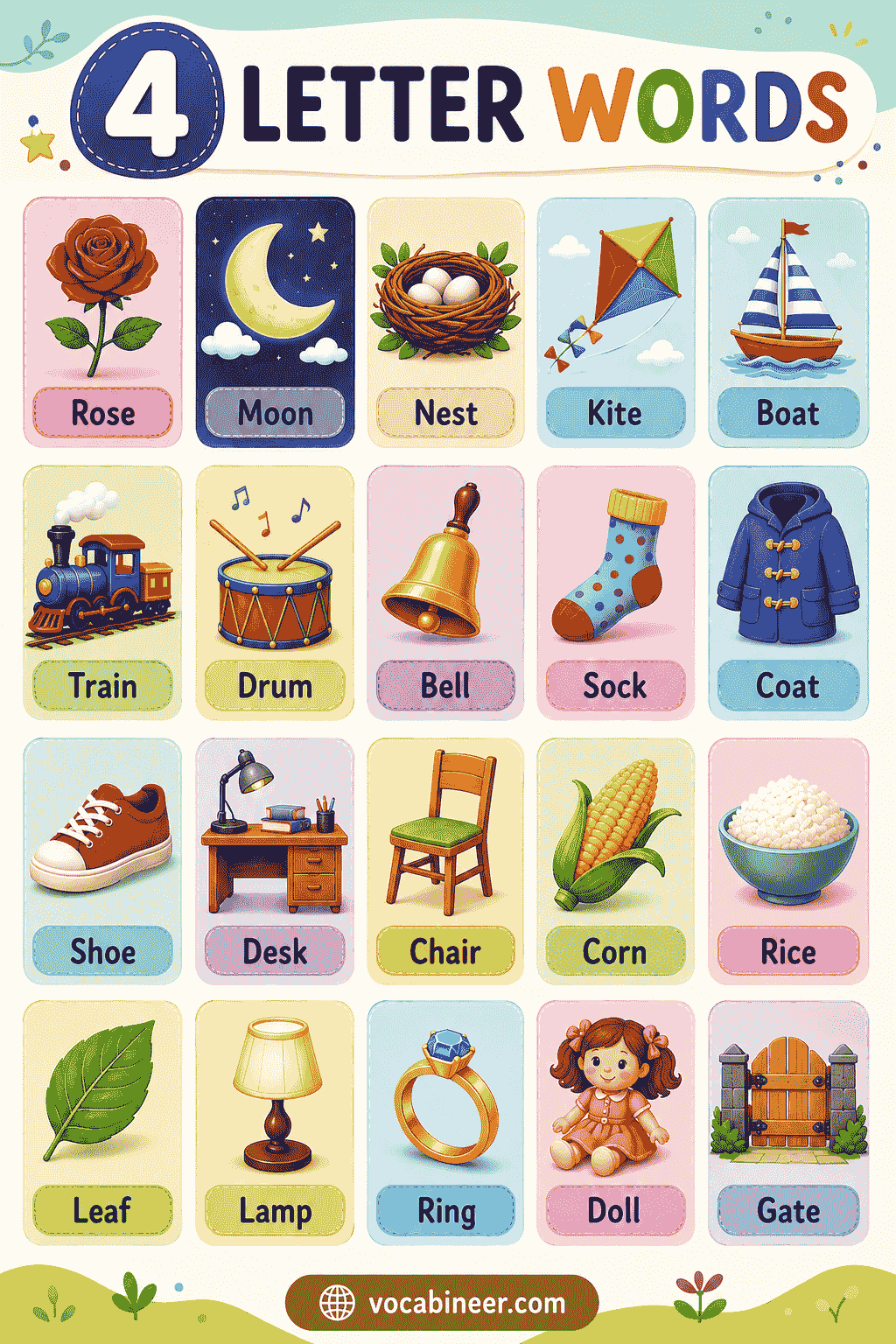 Common four letter words in English for kids, students, and beginners.