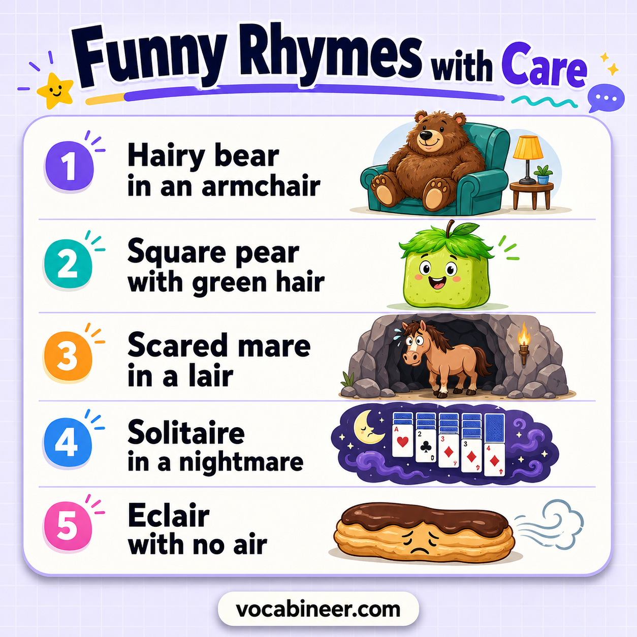 Funny rhyming words with care such as bear, stare, share, and underwear.