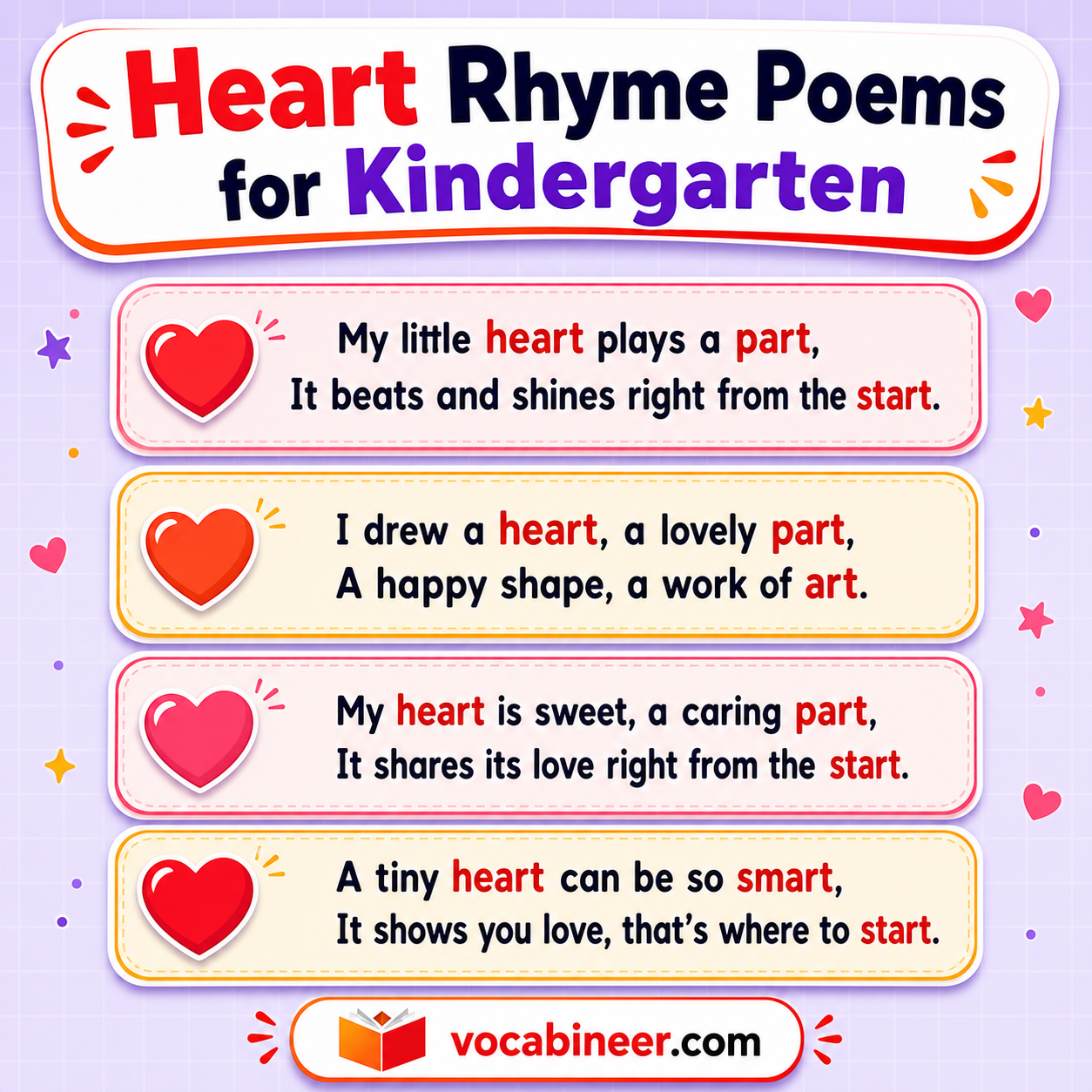 Heart rhyme poems for kindergarten with short verses pairing heart with art, start, smart, and part for young readers.
