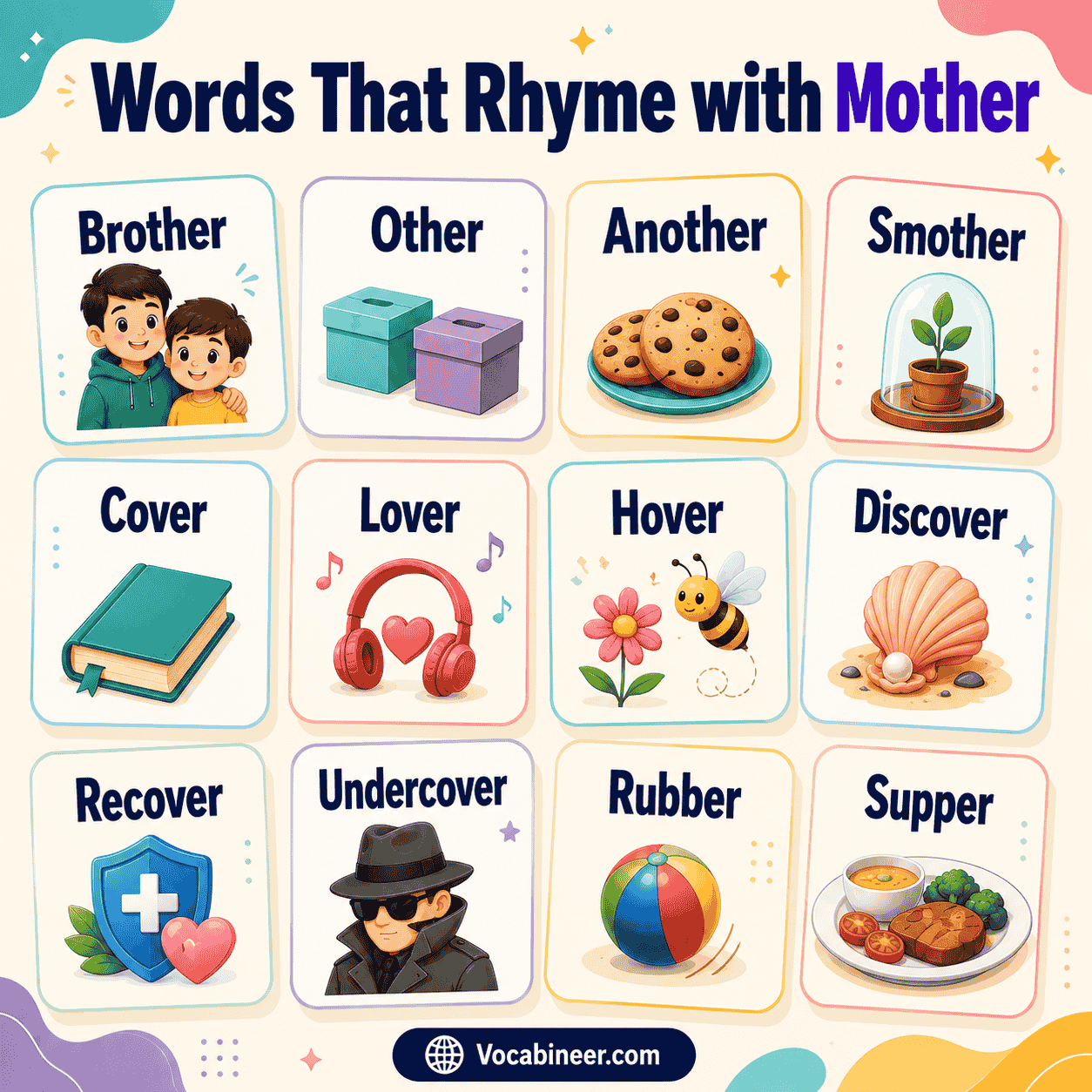 Mother rhyming words for poems, songs, and kids, including brother, another, other, and grandmother with simple examples.