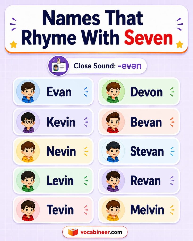 Name rhyme card listing names that rhyme with seven: Devon, Kevin, Evan, Bevan, Tevin, Nevin, Steven, and Stephen with example verse lines