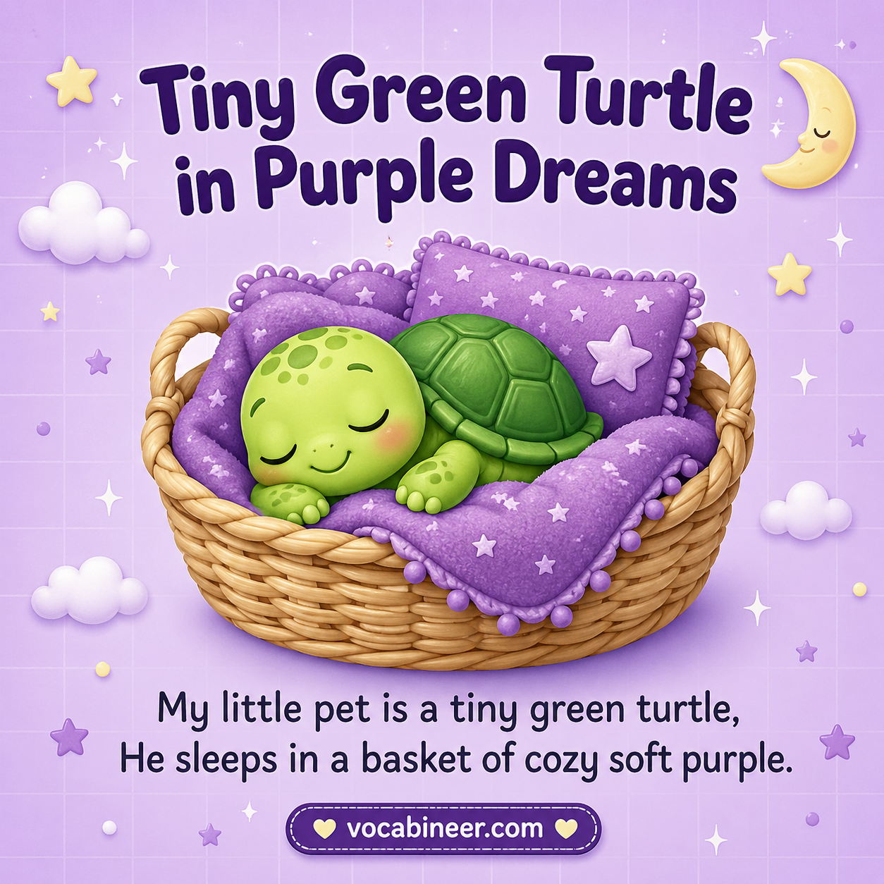 Child friendly purple rhyme words with a turtle, circle, and crayon.