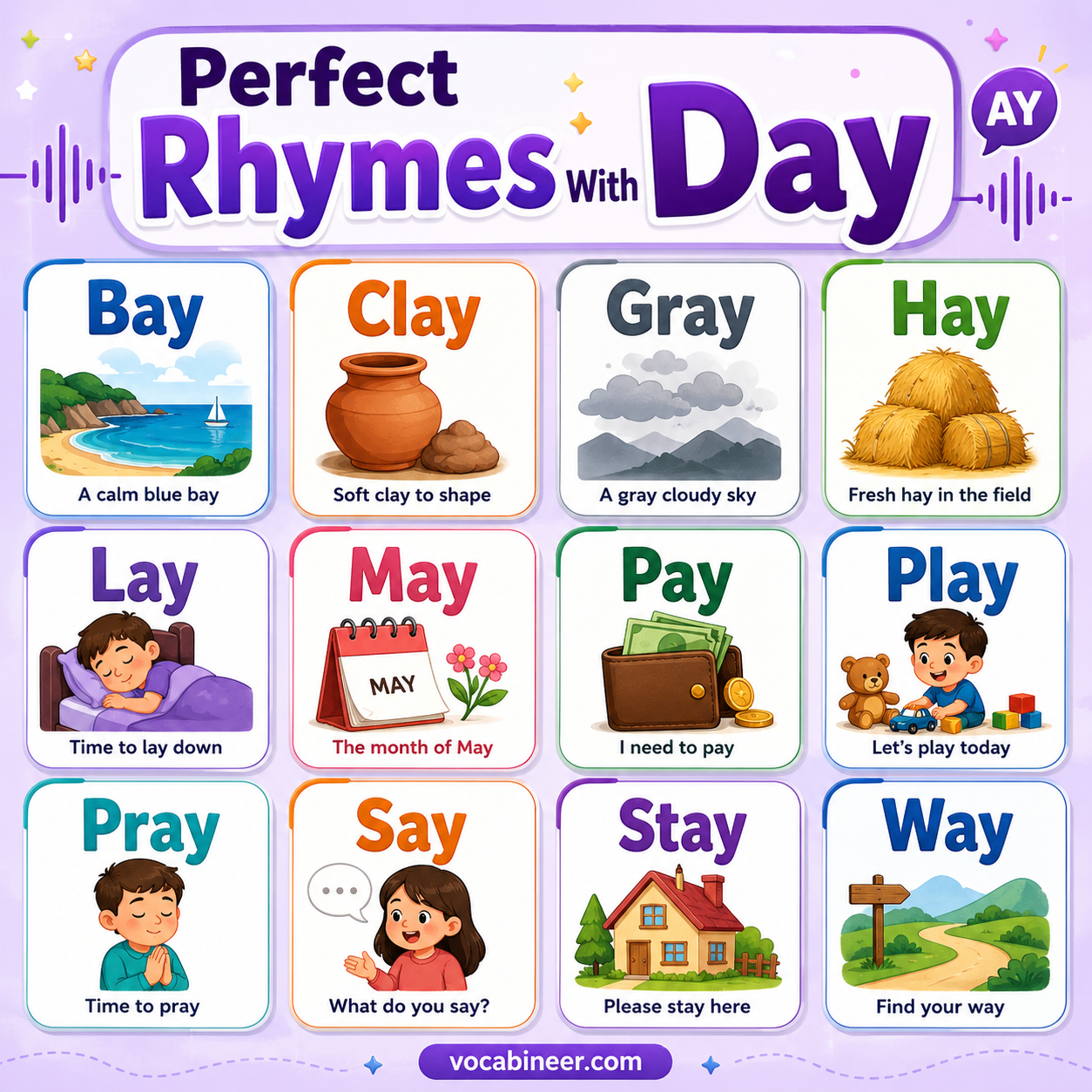 Perfect rhymes with day including bay, clay, gray, hay, play, and stay.