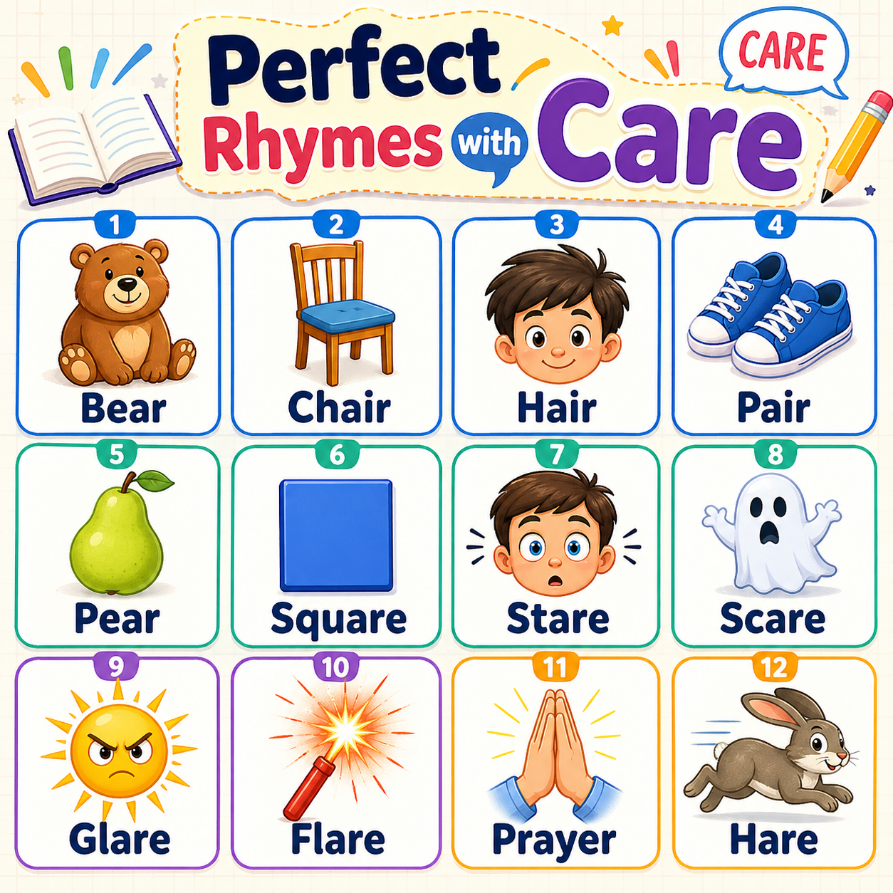 Rhyming word list with care, bear, share, wear, stare, and square.