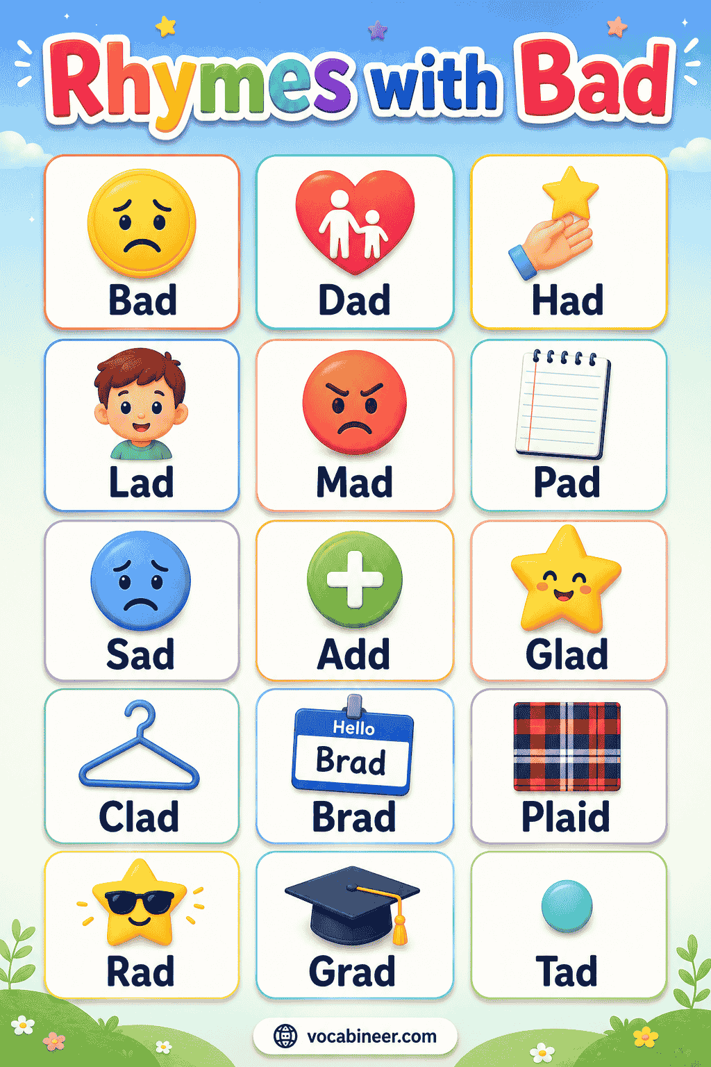 A simple kids’ rhyming chart showing easy rhymes with bad, including sad, glad, mad, dad, had, lad, and pad.