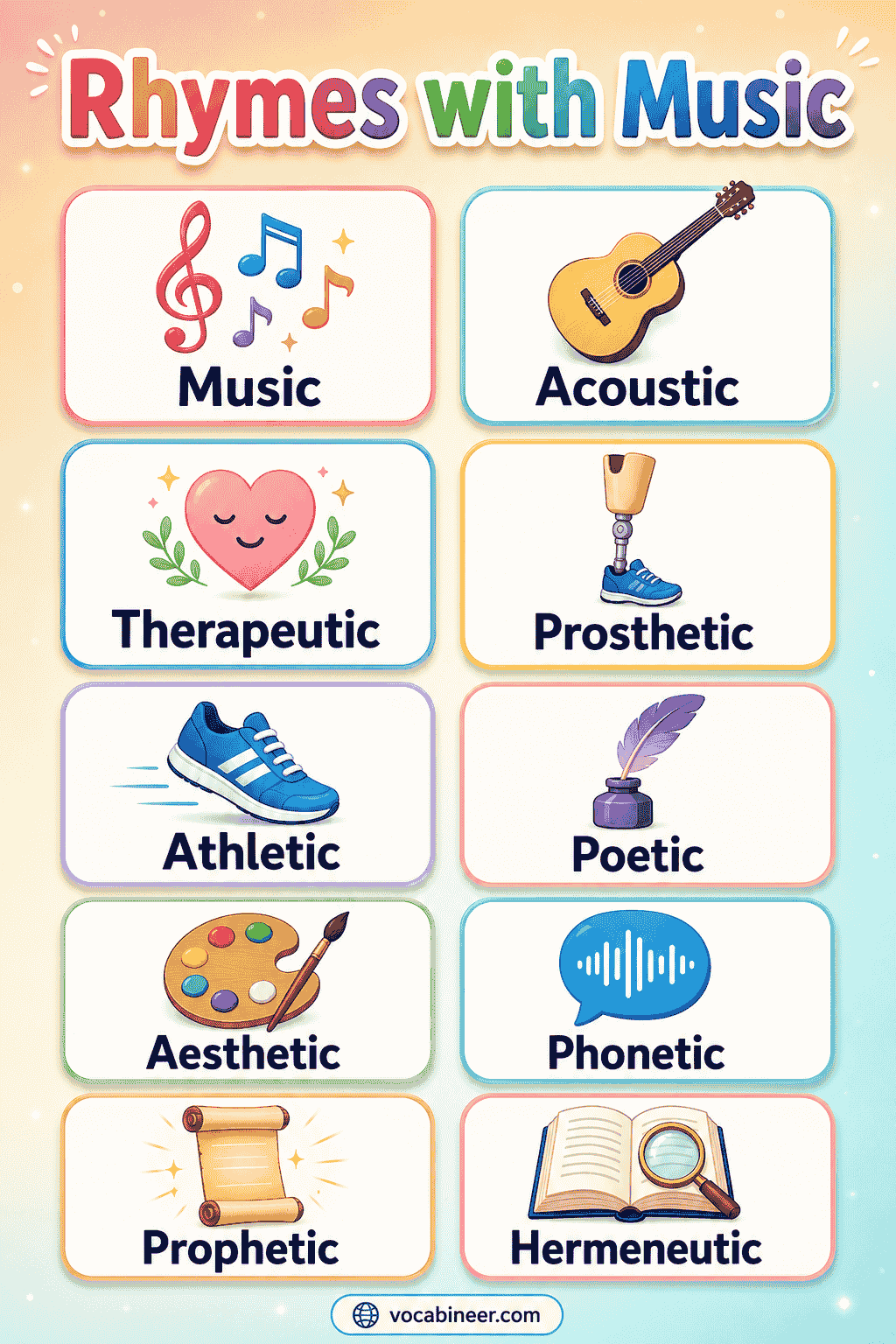 A visual rhyme chart showing music rhymes for songs and poems, including use it, choose it, lose it, groove it, acoustic, poetic, and romantic.
