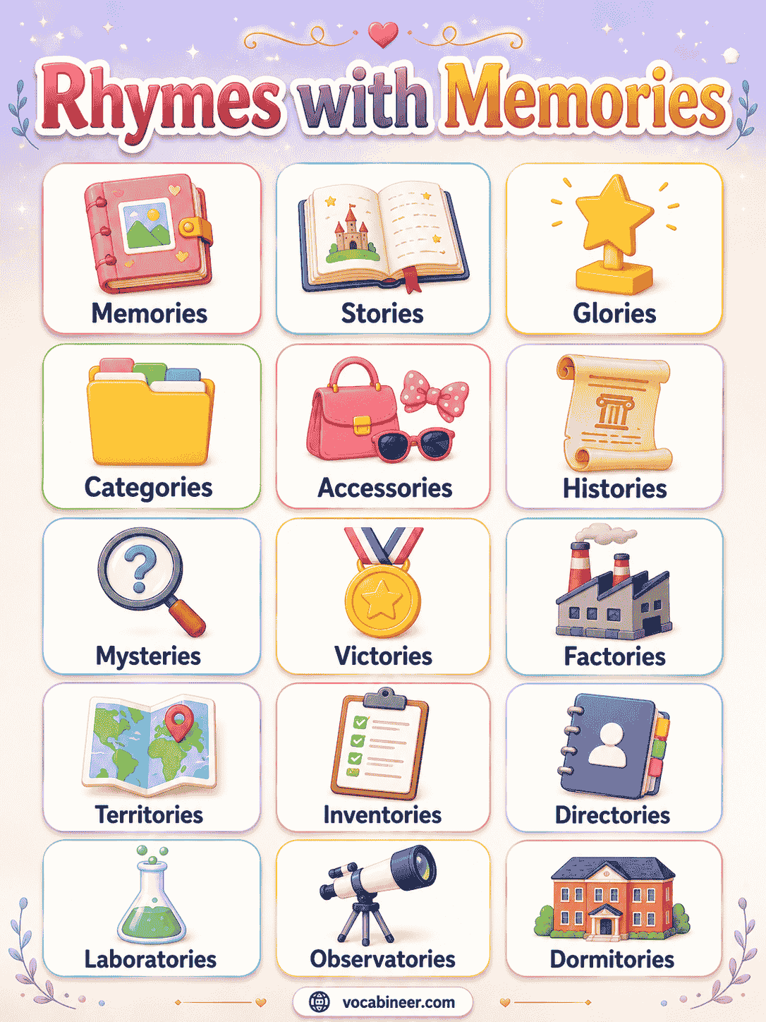 A visual rhyme chart showing emotional and creative rhymes with memories for poems and songs, including stories, glories, melodies, remedies, and histories.