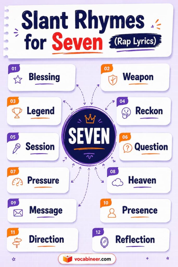 Rap rhyme chain card for seven showing lyric chains: Lesson, Session, Question, Expression, Confession, Impression, Reflection, Direction, Connection