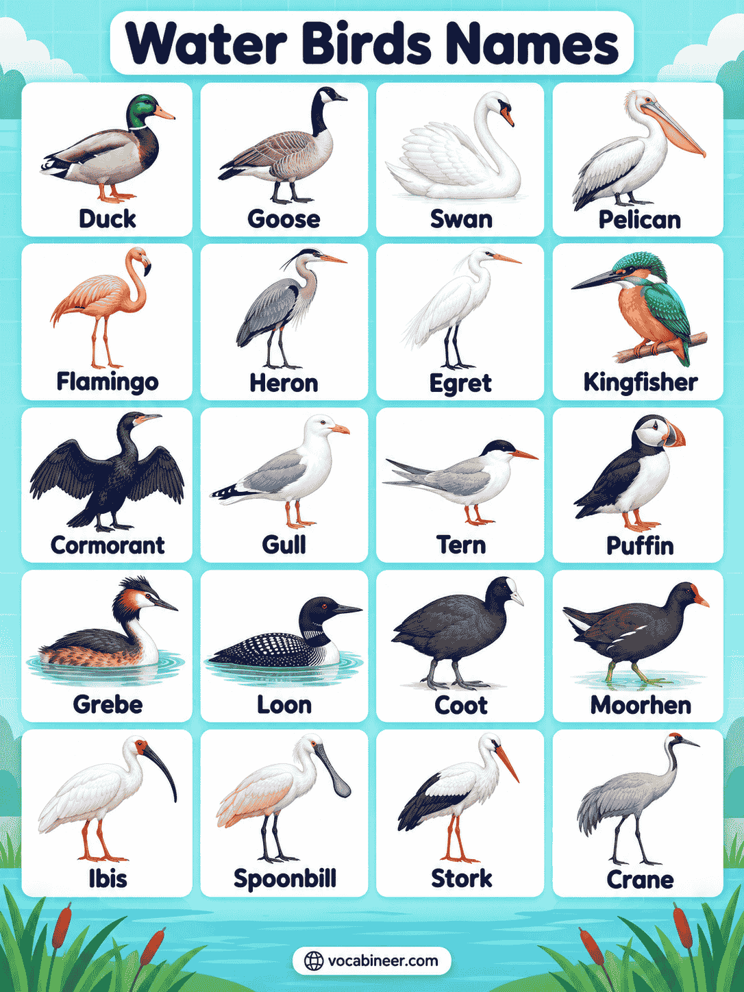 Water Birds Names with Pictures for Kids
