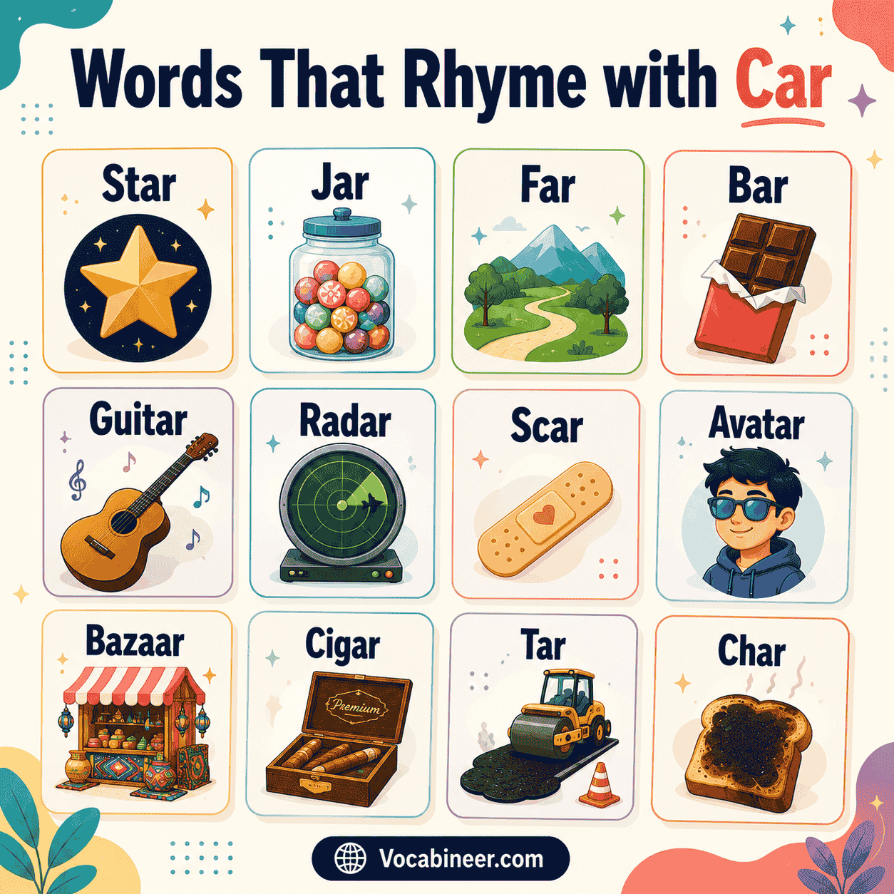 Words that rhyme with car for kids in English with examples like star, bar, far, jar, tar, and guitar.