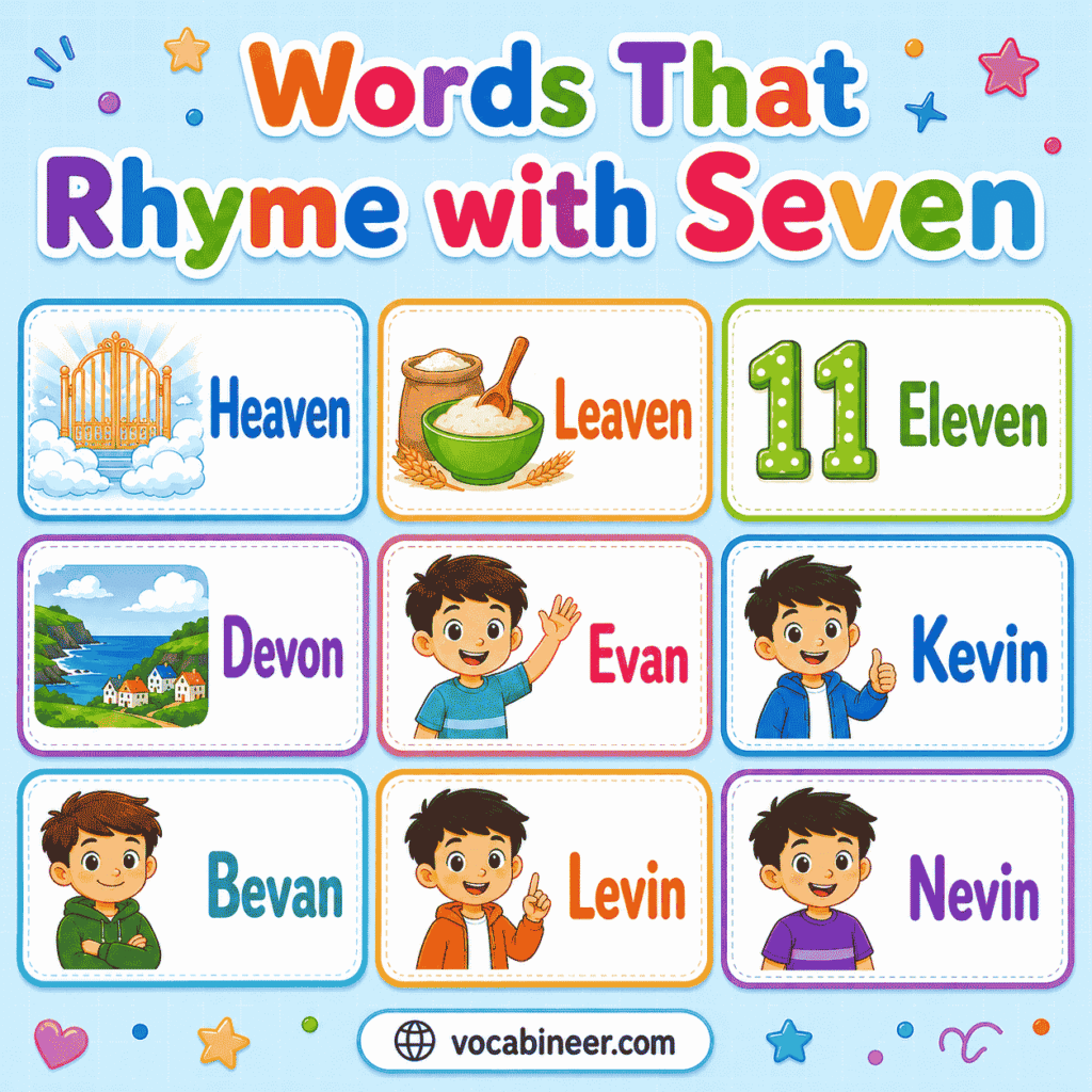 Words that rhyme with seven, including heaven, leaven, eleven, Kevin, Evan, and seventh heaven for poems, songs, and kids.