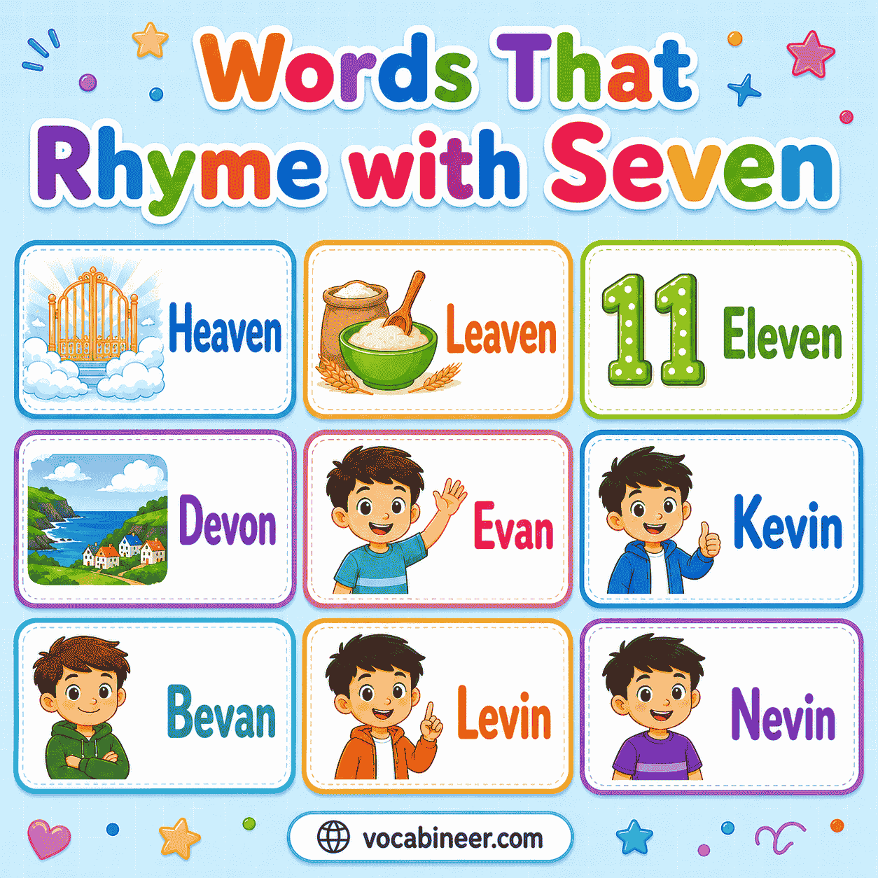 Words that rhyme with seven, including heaven, leaven, eleven, Kevin, Evan, and seventh heaven for poems, songs, and kids.