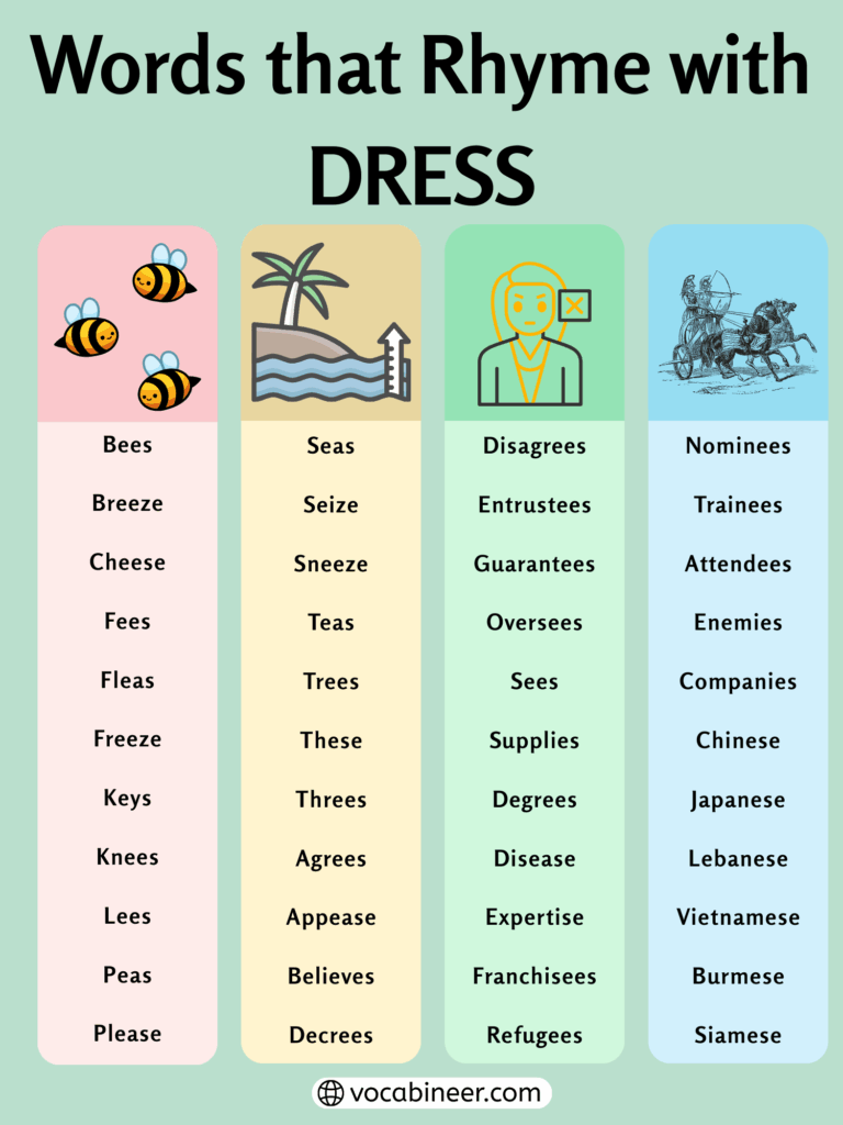 777 Beautiful Words That Rhyme with Dress in English