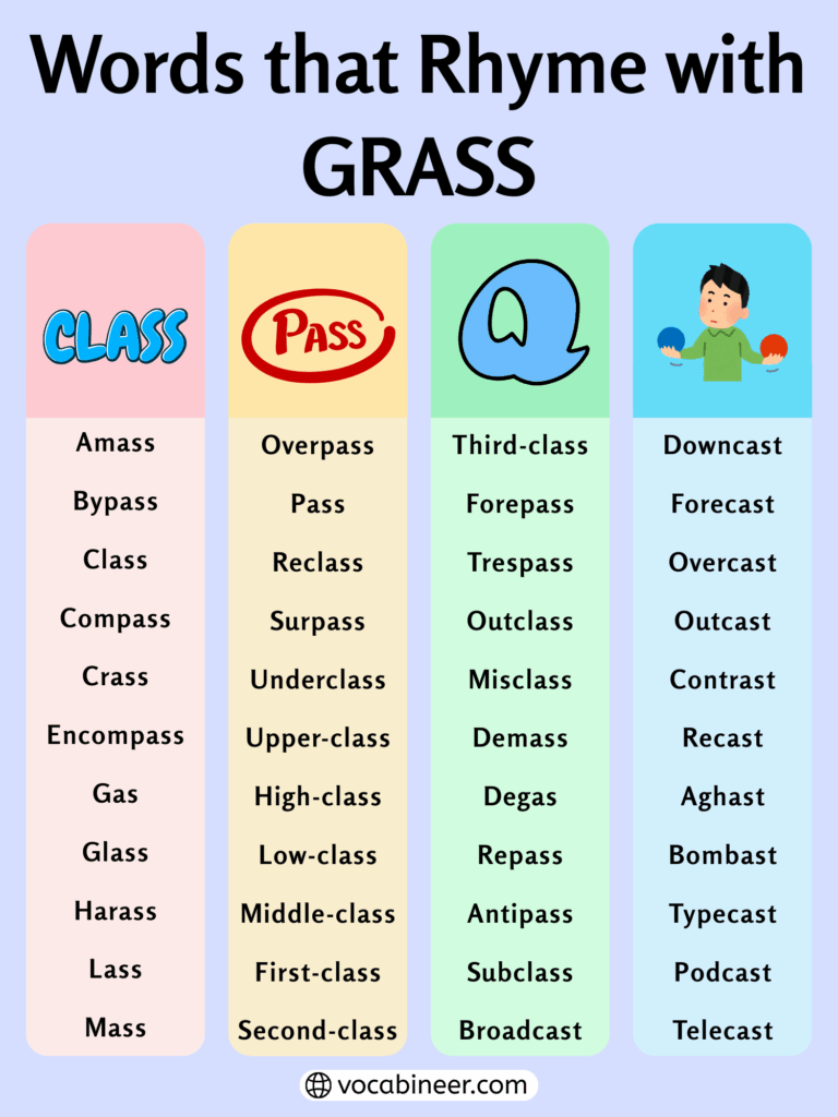 752 Bright Words that Rhyme with Grass in English