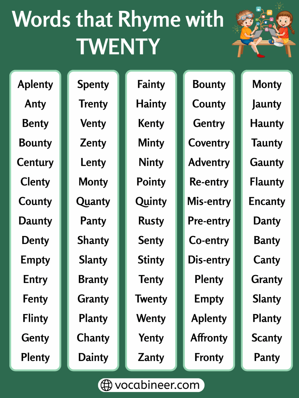 Creative Rhyming Words Words That Rhyme with Twenty – 560 Creative Vocabulary Words