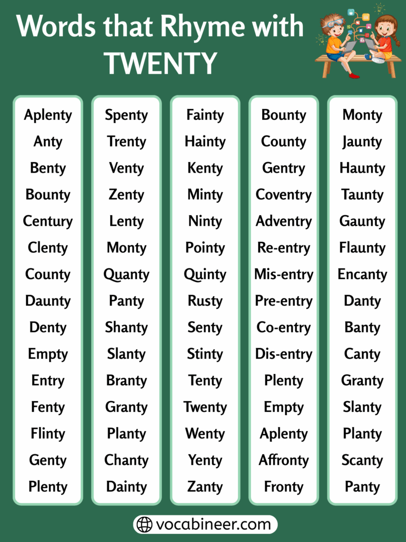 Creative Rhyming Words Words That Rhyme with Twenty – 560 Creative Vocabulary Words