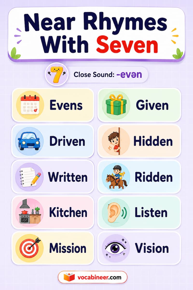 Near rhyme word cluster for seven showing Lesson, Session, Beckon, Strengthen, Tension, and Brighten grouped by feel and function