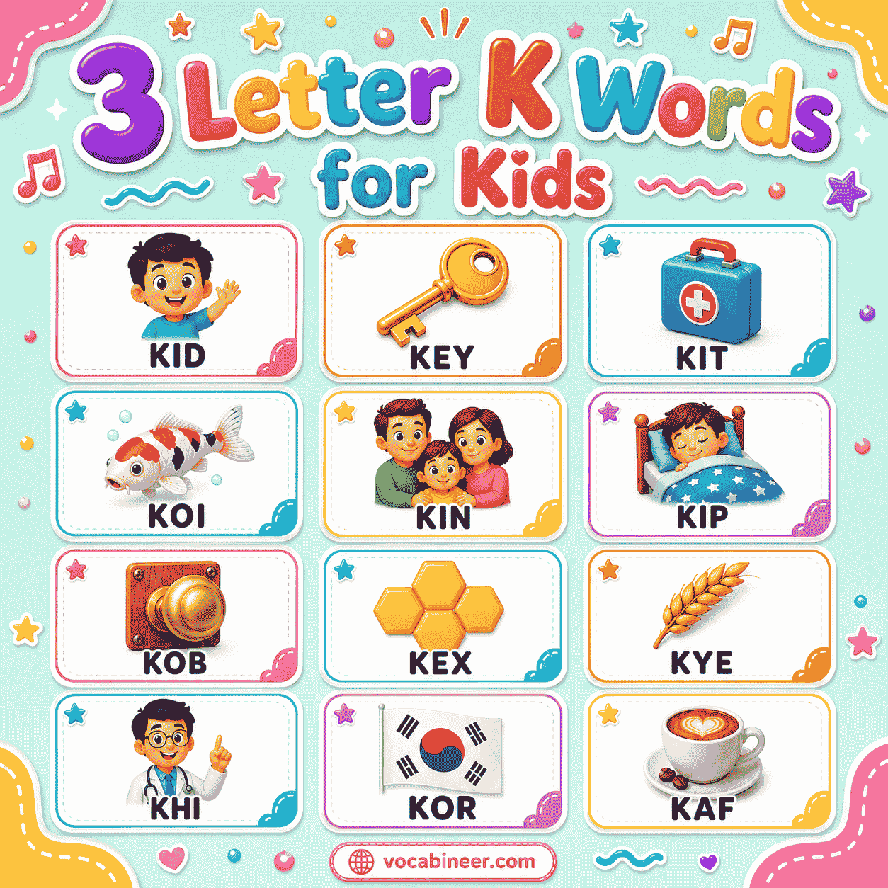 A kid-friendly picture chart showing 3 letter K words in English, including key, kid, kit, kin, and koi.