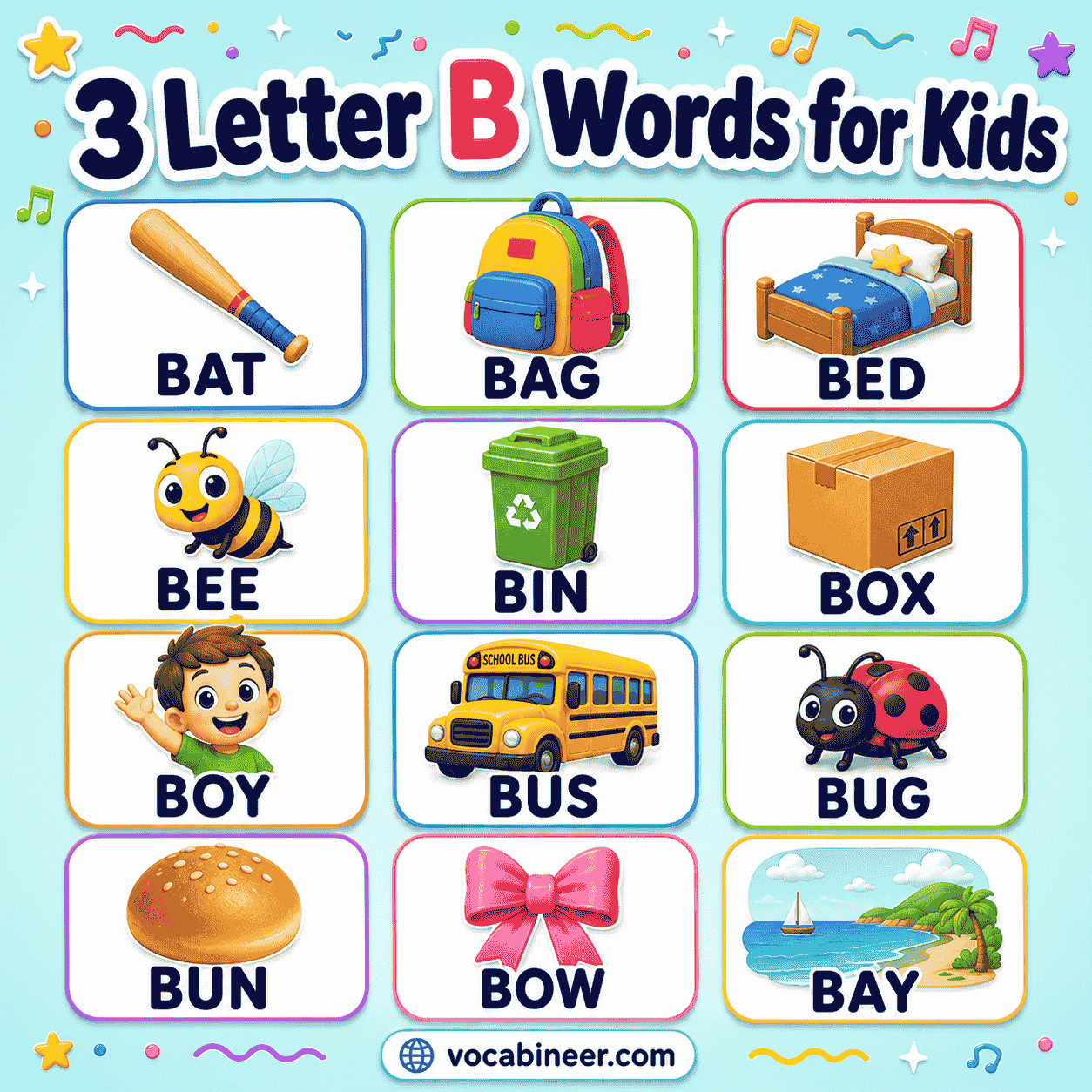 A kid-friendly picture chart of 3 letter words starting with B, featuring easy words like bat, bag, bed, bus, and bee.