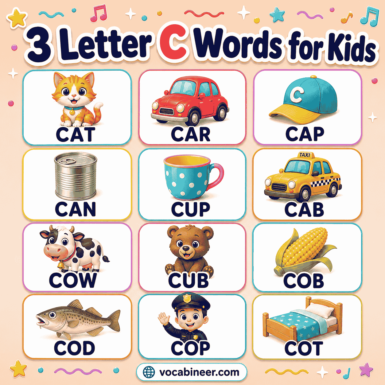 A kid-friendly picture chart of 3 letter words starting with C, featuring easy words like cat, car, cap, cup, and cow.
