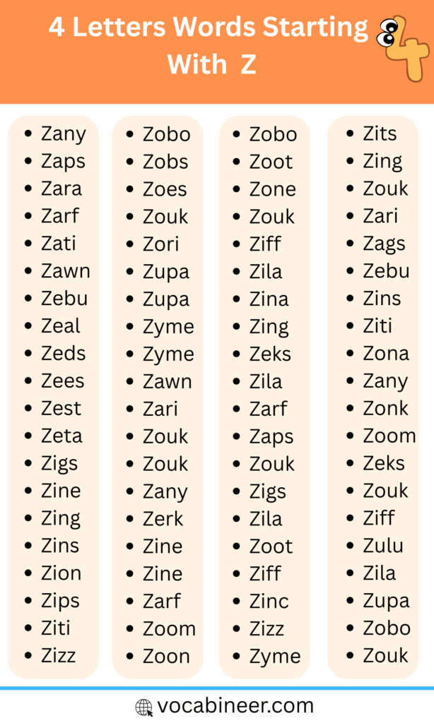 4 Letter Words Starting with Z | 140 Common Words List in English