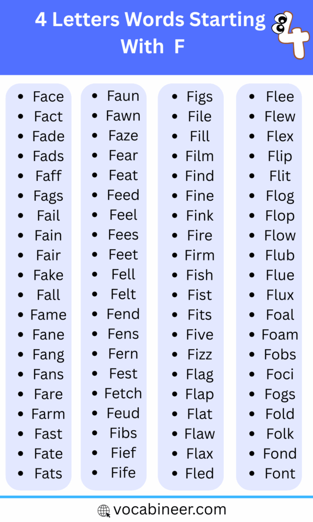 4 Letter Words with F | Complete Word List with Sentences