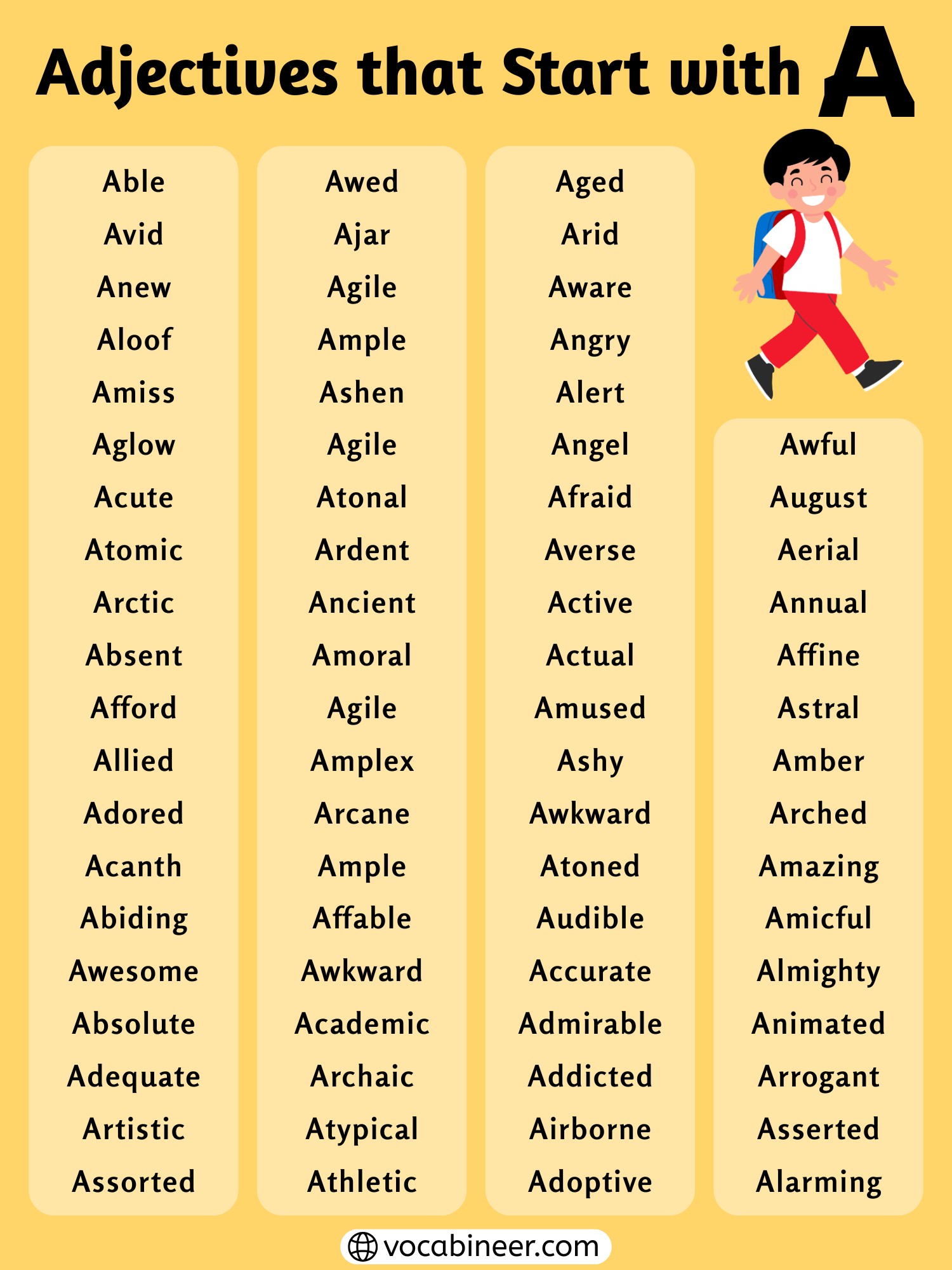 Adjectives that start with A in English 100 plus words with meanings shown in an alphabetical vocabulary list