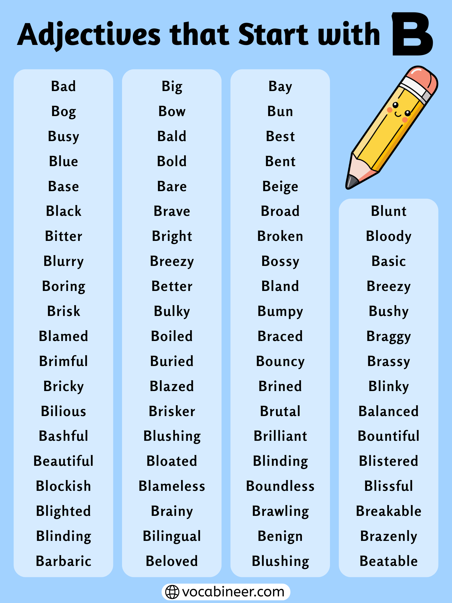300 plus adjectives that start with B complete list and meanings in English shown in an alphabetical vocabulary chart