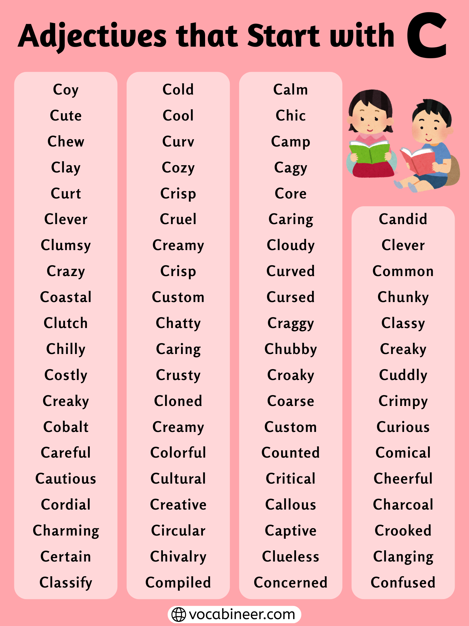 Complete list of 200 plus adjectives that start with C shown in an alphabetical vocabulary chart with grouped C adjectives